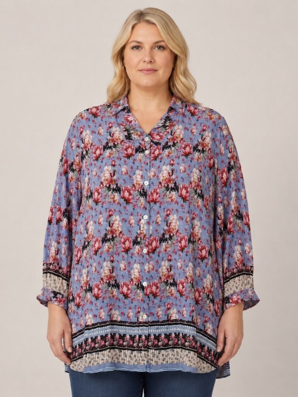 Ulla Popken size 24 26 Art-to-Wear floral print blouse top button down shirt